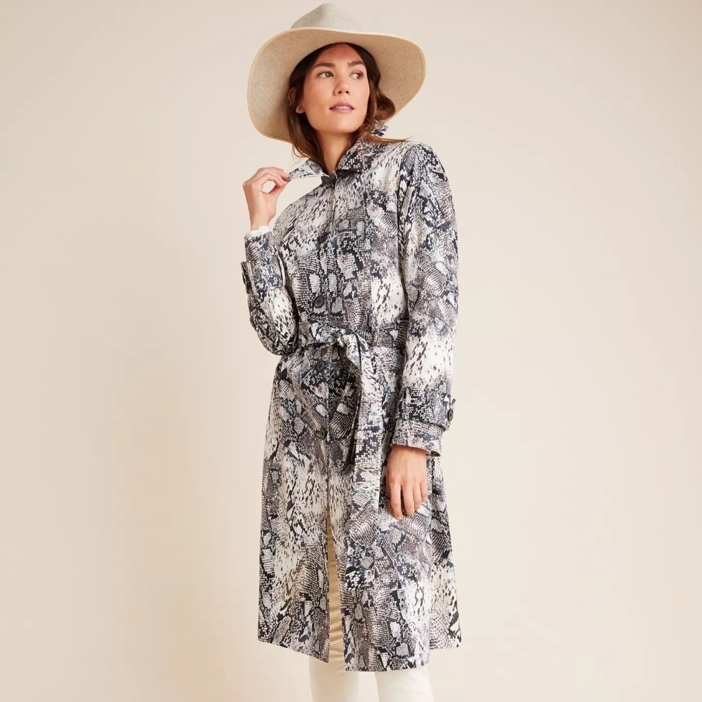 NWOT Anthropologie Helene Berman Snake-Printed Trench Coat, Size Medium